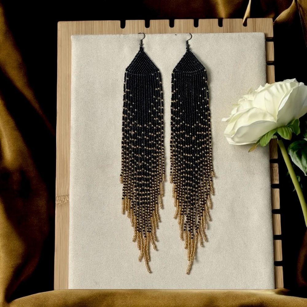 Dramatic Black and Gold Hand Beaded Cascade Earrings